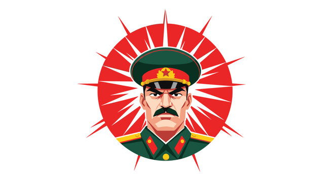 A mustachioed military commander wearing a peaked cap and green uniform with gold trim is centered within a red and white spiked sunburst design.