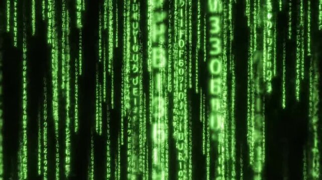 Digital data stream matrix effect background with green text on a dark screen for visual projects and editing needs