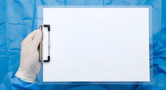 Medical professional in a sterile environment holds a blank clipboard, symbolizing healthcare documentation and patient care protocols
