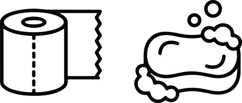 Toilet paper roll and bar of soap with bubbles icon illustration representing hygiene, sanitation, cleaning, and healthcare cleanliness