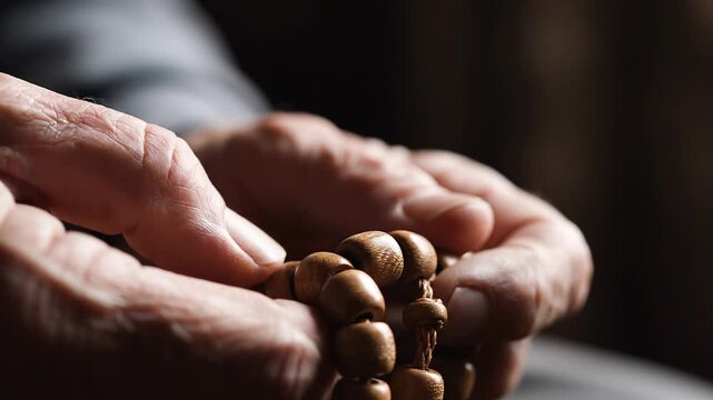 Senior person hands holding wooden prayer beads for meditation and prayer