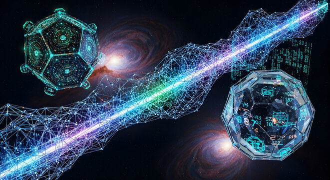 Abstract digital art of geometric shapes and a network connection in space.