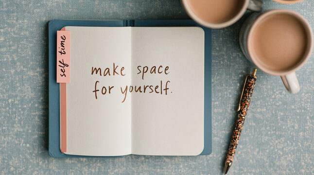 Open notebook with handwritten text make space for yourself, bookmark tab, pen and two cups of coffee on blue table. Flat lay workspace, self care and mindfulness concept. High quality photo