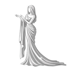 Naklejka premium Elegant Veiled Female Figure in Flowing Robes with Open Hands, Classical Illustration