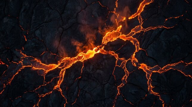 Aerial View of Glowing Hot Lava Flowing Through Cracked Volcanic Rock
