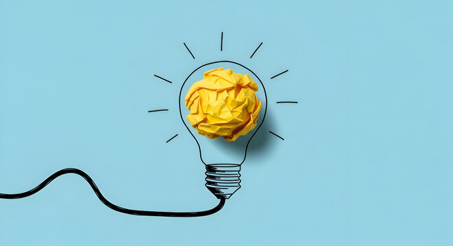A crumpled yellow paper ball inside a light bulb illustration, symbolizing a new idea or inspiration against a solid blue background