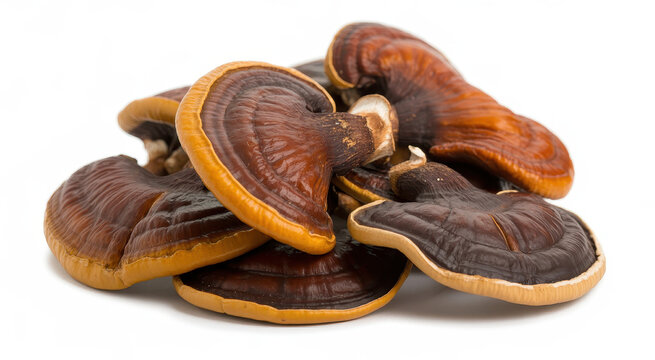 Several dried ganoderma lucidum medicinal mushrooms isolated on a white background