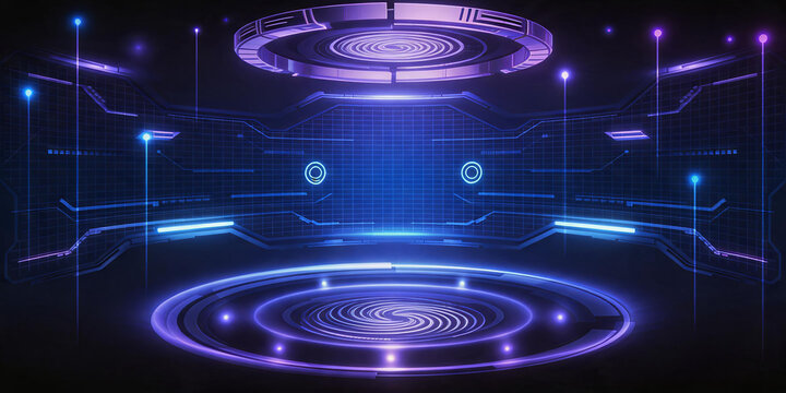 This is a sci-fi cyber tech stage with glowing neon circular platforms, digital grid walls and futuristic interactive display interfaces for tech exhibitions.