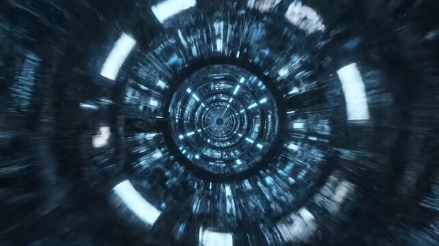 A futuristic tunnel with bright blue lights and a circular design, creating a sense of speed and technological advancement