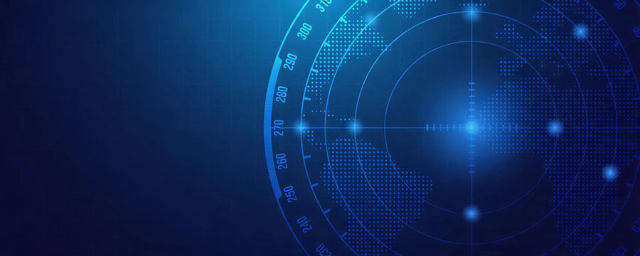 This is a futuristic digital radar interface background, featuring glowing blue circular scanning grids, target markers and azimuth scales for technological detection and monitoring scenarios.