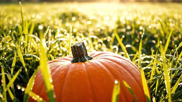 Orange pumpkin sitting in green grass with morning dew at sunrise