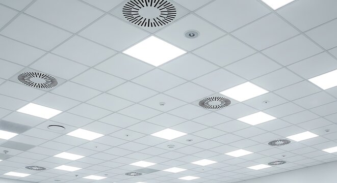 Modern White Office Grid Ceiling with LED Panel Lights and Air Vents