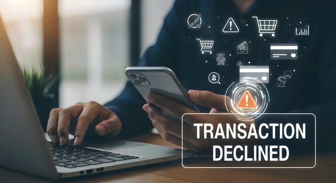 Person using laptop and smartphone with transaction declined message on screen display
