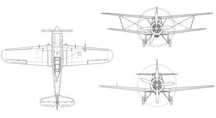 Vintage Biplane Blueprint - Top, Front, and Side Views © jambu