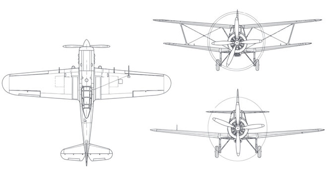 Vintage Biplane Blueprint - Top, Front, and Side Views