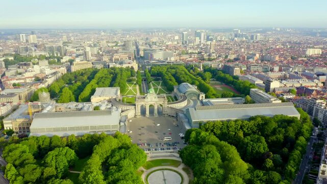 Brussels, Belgium. Park of the Fiftieth Anniversary. Park Senkantoner. The Arc de Triomphe of Brussels (Brussels Gate). Drone footage