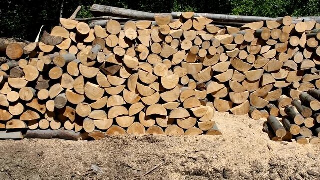 log pile background Concept of backgrounds, textures and natural resources. Wood natural pattern. A pile of harvested firewood in the barn for winter