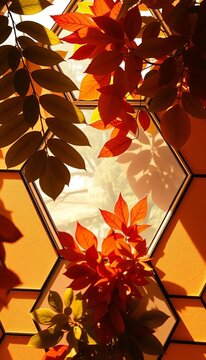 Sun-kissed foliage within a hexagonal grid, a tilted view of organic shapes meeting structured design ,  botanical,  dutch angle