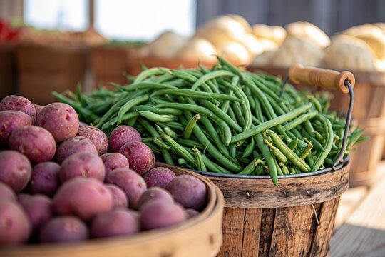 Fresh red potatoes and green beans in wooden baskets at farmers market