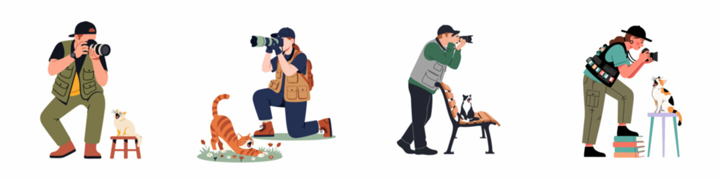 Vector illustration set of diverse professional photographers capturing adorable moments with different cats using high-end camera equipment on white background.