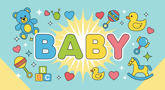 Colorful baby themed illustration with toys and objects on light blue background for kids