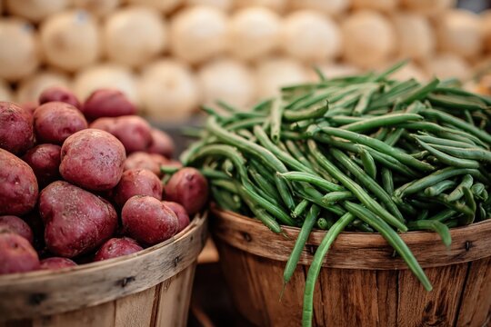 Fresh red potatoes and green beans in wooden baskets at farmer's market