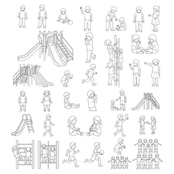 Set of Playground CAD Children Line Art Icons Showing Kids Playing, Climbing, Sliding, Running and Sitting