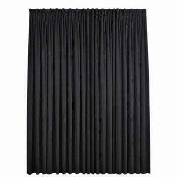 Black fabric curtains with vertical pleats hanging against a plain white background