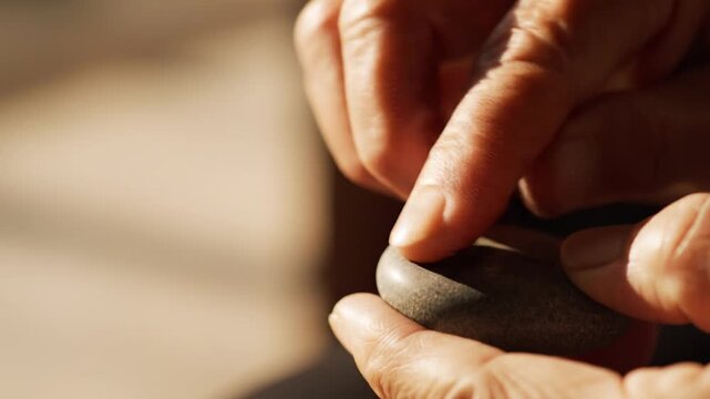Close up of an elderly person holding and touching a smooth stone for mindfulness
