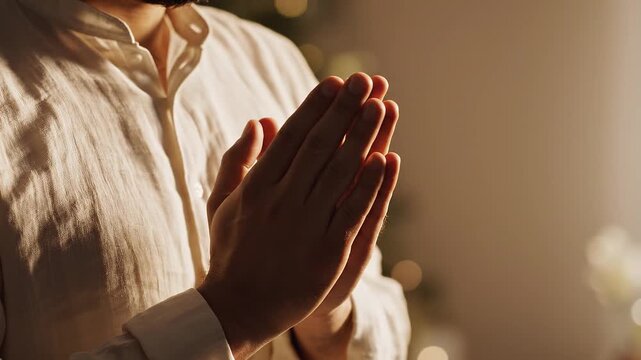 Man placing hands on chest to express gratitude or sincerity indoors