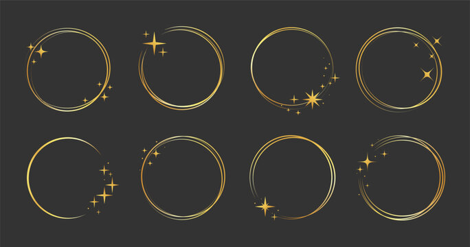 Gold frame golden ring set. Hand drawn gold round glitter line circular border with light sparkle. Luxury whimsical wedding jewelry glow flare decoration christmas star. Vector illustration