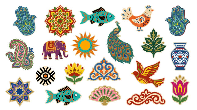 Vibrant Indian inspired decorative elements featuring animals flowers sun mandala hamsa elephant fish peacock and paisley motifs in ethnic folk art style