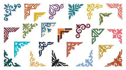 Fototapeta premium Collection of decorative corner elements in various ethnic and abstract styles and colors for page design and borders