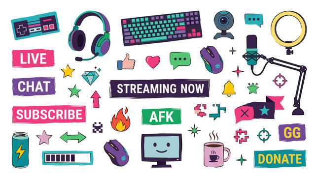 Live streaming setup elements and gaming icons for online content creation and entertainment