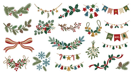 Fototapeta premium Collection of festive Christmas garlands and decorations featuring pine branches holly berries pinecones and festive banners for holiday celebrations