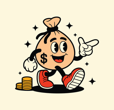 Cartoon money bag character illustration, retro style vector of funny cash sack mascot with expressive face, ideal for stickers, posters, t-shirt prints, logos, finance branding, and playful wealth de