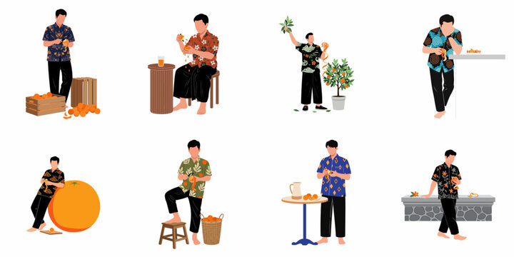 Collection of flat illustrations showing men in traditional batik shirts peeling and interacting with oranges in various settings.