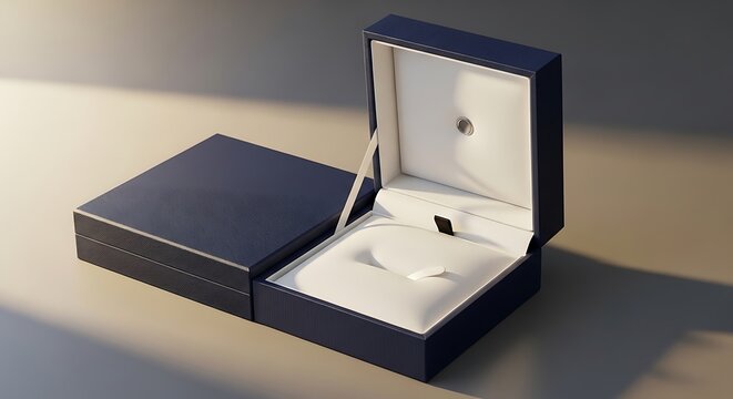 Elegant Dark Blue Jewelry Box Open with White Satin Interior.