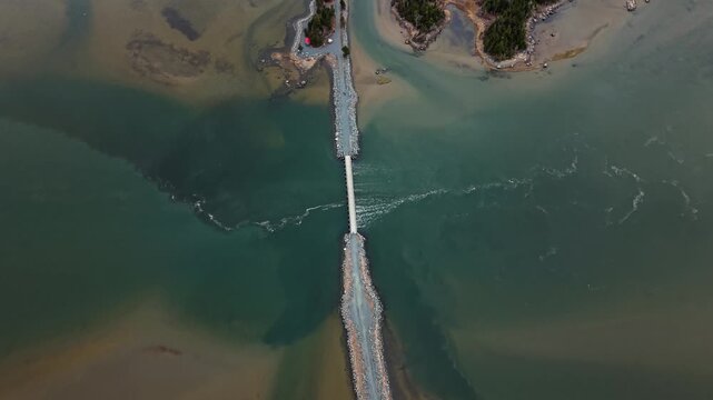 Top View Wooden Bridge And Gravel Causeway Across Marsh Wetland Cole Harbour Heritage Park Halifax Nova Scotia Canada Coastal Landscape Salt Marsh Scenic Nature