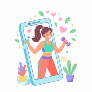 woman exercising with dumbbells on phone
