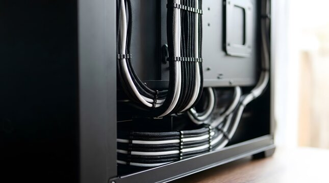Cable management inside computer case, organized wires and cables