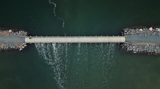 Top View Cyclist Crossing Wooden Bridge Salt Marsh Trail Cole Harbour Heritage Park Halifax Nova Scotia Canada Ocean Inlet Coastal Landscape Active Lifestyle Outdoor Recreation Scenic Nature