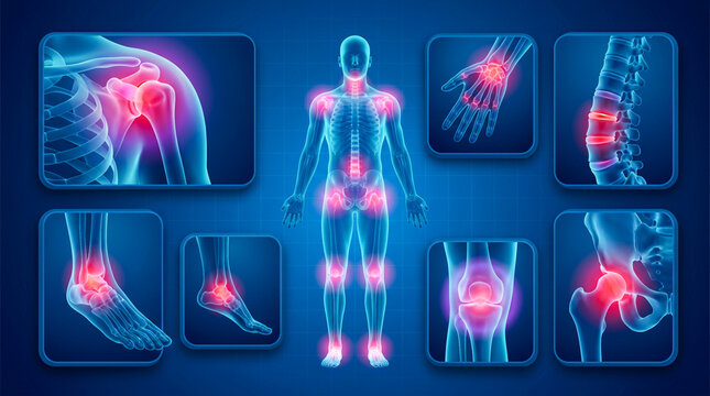 A human body illustration showing multiple painful joints in red.
