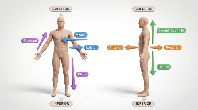A diagram showing human anatomical directional terms with clear labels.