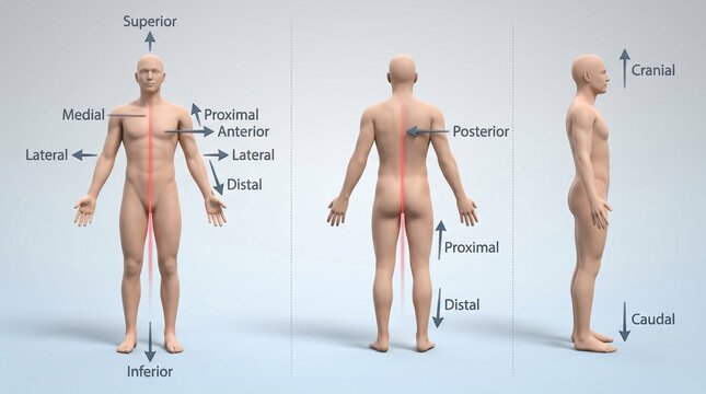 Detailed diagram of male human body with anatomical directions.