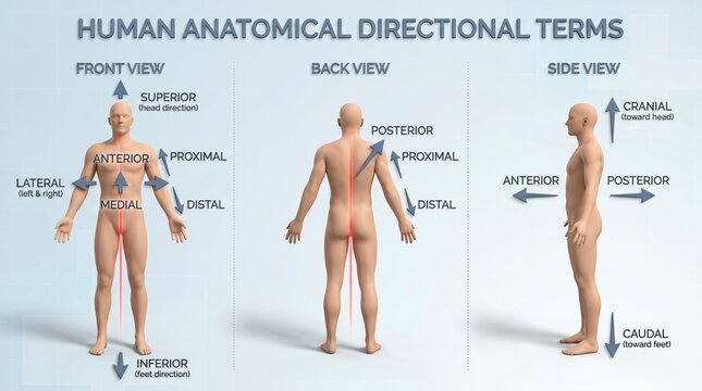 Explanatory diagram showing human anatomical directional terms in male.