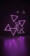 Fototapeta premium Numerous glowing purple triangles floating and reflecting on a dark surface.