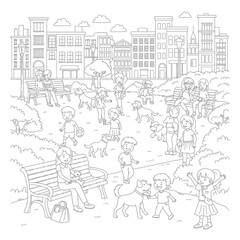 Obraz premium monochrome hand-drawn city park scene with people walking and trees in ink sketch style