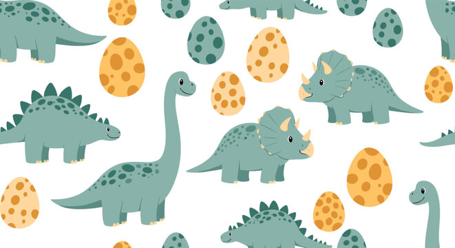 Fun seamless pattern for kids featuring different types of dinosaurs like triceratops and stegosaurus alongside various spotted dinosaur eggs.