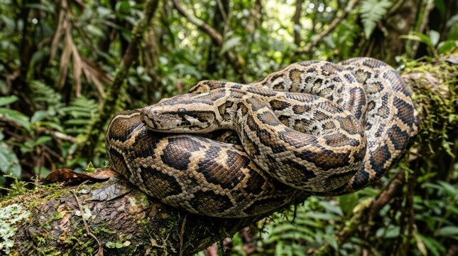 Large Burmese Python Coiled on Mossy Branch in Lush Jungle.